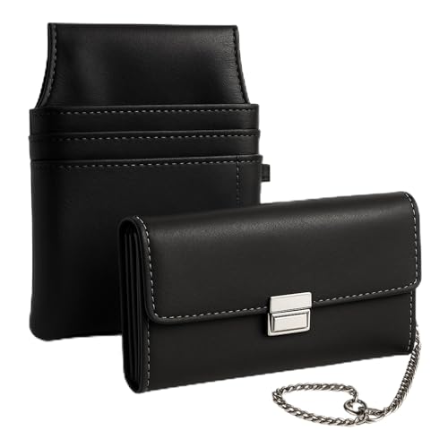 bhb Kellner Geldbörse Set – Kellnerbörse, Geldbeutel, Damen Herren Portemonnaie mit Holster und Kette, großes Münzfach, für Taxi, Restaurant, Pizza (Schwarz)