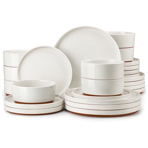MALACASA Steingut Geschirrset 8 Personen, 24-tlg. Tafelservice mit Sesam Glasur, Keramik Essgeschirr Set mit Senkrechte Stellkante, Schüssel- und Teller Set, Weiß mit Braunen Unterseite