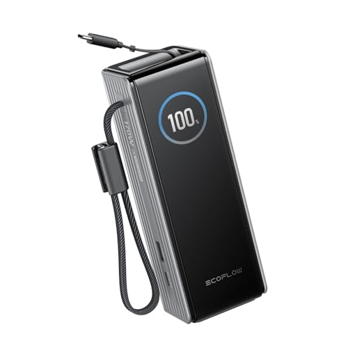 EcoFlow Rapid Powerbank 25 000 mAh 170 W mit 100 W integrierte und einziehbare Kabel, tragbares Ladegerät mit 100 W USB-C Anschluss, für die iPhone-Serie, Samsung, MacBook und mehr, Silber