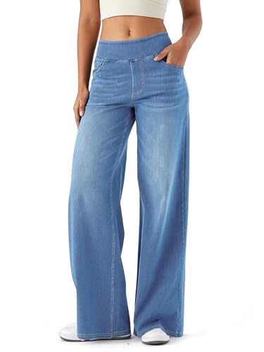 LaiEr Damen Denim Hose mit weitem Bein, hohe Taille, gerades Bein, lockere Passform, Unregelmäßiger handgeriebener Katzenschnurrhaarverlauf hohe Elastizität Casual Jeans(Light BlueXL)