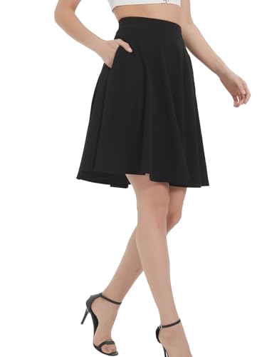 Soudittur Plisseerock Damen Basic Solid Midi-Rock Elegant Faltenrock Elastisch Hohe Taille Plisseerock Knielang Skater Rock mit Reißverschlusstasche (L, Schwarz-midi)
