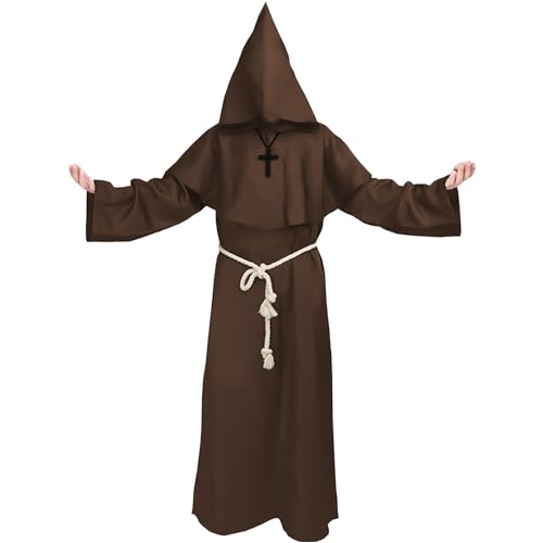 Kitimi Mönch Kostüm Herren Mit Kapuze und Kreuz, Mönchskutte, Nonnen Priester Robe, Mittelalter Pfarrer Verkleidung für Karneval und Halloween