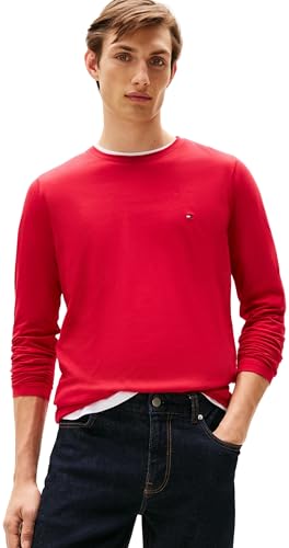 Tommy Hilfiger Herren Langarmshirt Stretch Slim Fit Baumwolle, Mehrfarbig (Medium Red), L