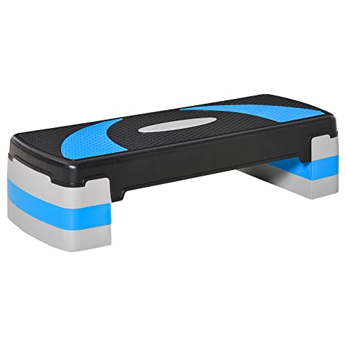HOMCOM Steppbrett höhenverstellbar Fitness Stepper mit Antirutschbelag 3 Stufen (10/15/20 cm) Rutschfest Stepbench für Zuhause Fitnessstudio Büro Kunststoff Blau