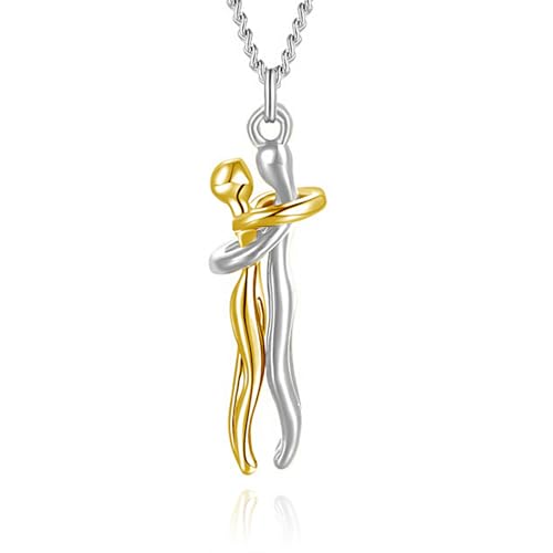 Qings Umarmung Halskette für Sie und Ihn 925 Sterling Silber Umarmungs Paar Anhänger Kette Geburtstags Jubiläumsgeschenke für Damen Freund Freundin,Gold