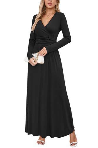 OUGES Damen Kleid Langarm V-Ausschnitt Winterkleid Casual Boho Kleider Maxikleid mit Taschen Herbstkleid(Schwarz, L)