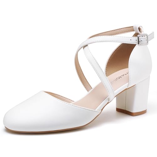 Greatonu Damen Pumps Riemchenpumps Spangenpumps Sandale mit Kreuz Knöchelriemen Blockabsatz Geschlossener Spitze Glitzer Pumps - Perfekt für Hochzeiten und Partys Weiß 39 EU