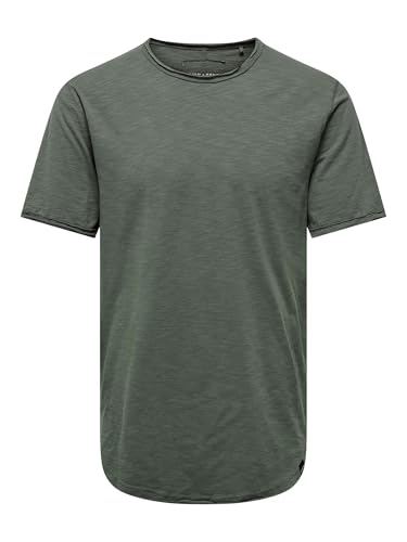 Herren O&S Rundhals T-Shirt Langes Einfarbiges Kurzarm Shirt Basic Shortsleeve aus Baumwolle ONSBENNE