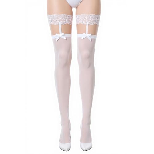 Quilax 1 Paar Halterlose Strümpfe Spitze Damen,Halterlose Strümpfe mit Spitze und Schleife,Strapsstrümpfe Damen,Nylonstrümpfe(für 45-60kg)