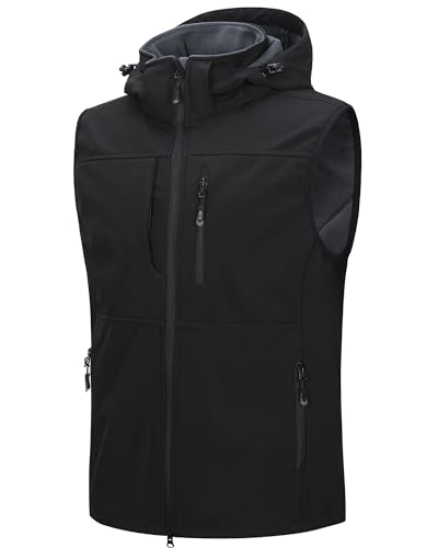 33,000ft Weste Herren Outdoor Wasserdichte Softshell Ärmellose Jacke Bodywarmer Fleece Weste mit Kapuze Full Zip Softshellweste Schwarz XL