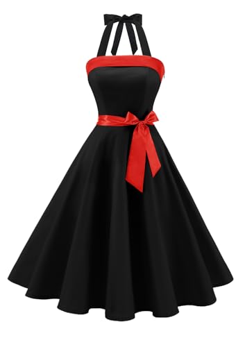 Timormode Damen Vintage Cocktailkleid Knielang Neckholder Swing Retro Rockabilly Kleid S Schwarz