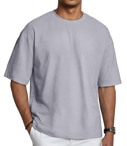 T Shirt Herren Sommer Tops Männer Oversized Tshirt Rundhals Basic Kurzarm Oberteil(Grau,L)