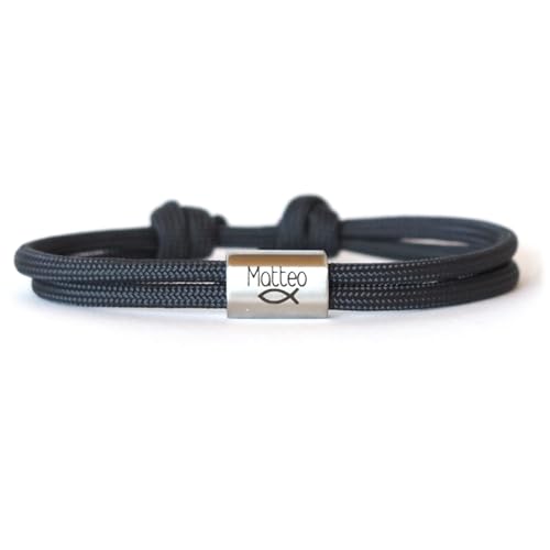 Personalisiertes Kinderarmband mit Namensgravur für Jungen & Mädchen – Kommunionsgeschenk mit Gravur aus Edelstahl & Nylon – Armband mit Fisch Symbol zur Firmung, Konfirmation, Taufe