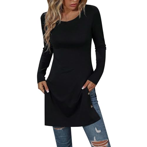 Bcenoilua Damen Kleid Langarm Festlich Knielang Bodycon Kleid Runder Rundhalsausschnitt mit Langen Ärmeln Damenoberteile, Knöpfe, Sweatshirt