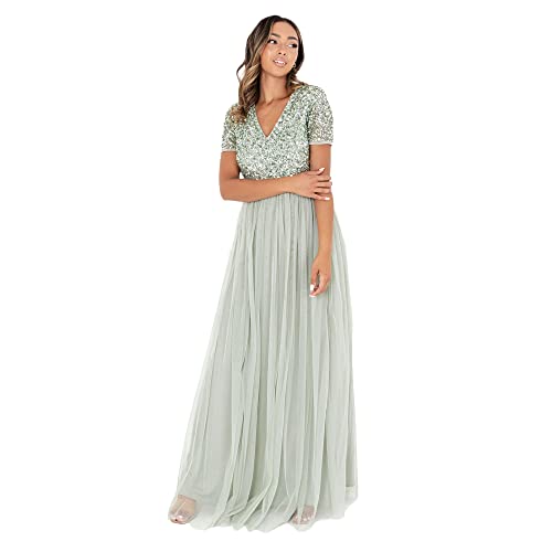 Maya Deluxe Damen Ballkleid Abendkleid V-ausschnitt Maxi Länge Pailletten Kurze Ärmel Für Hochzeit Geburtstag Brautjungfer Bridesmaid Dress, Grün, 38 EU
