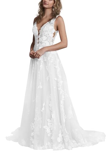 JAEDEN Brautkleider Hochzeitskleider Standesamt Damen Spitzen Lang Glitzer V-Ausschnitt Trauung Kleid Ärmellos Weiß 44