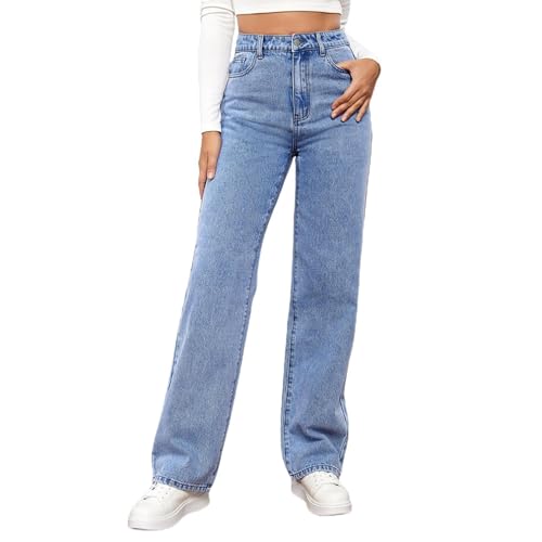 Baggy Jeans Damen High Waist: Jeans Damen Weites Bein Blue Breite Hose Straight Leg Stretchjeans Y2k Jeanshosen Teenager Mädchen Lockere Sommerjeans Damenjeans Stretch Große Größe XS-6XL Light Blue L