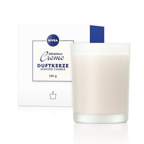 NIVEA Original Creme Duftkerze, schlichte Duftkerze im Glas mit der bekannter NIVEA Creme-Note, zart duftende Kerze im Milchglas-Behälter (120 g)