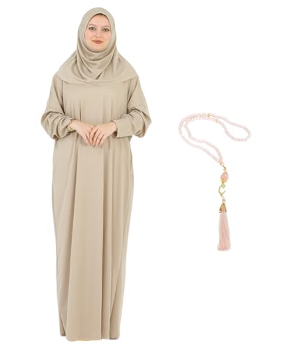 Modish Group Damen Gebetskleidung Mit Hijab Rosenkranz, Muslim Kleidung Für Frauen, Türkisch Muslimische Lang Kleider Set, Abaya Jilbab, Islamische Burka, Ramadan (Heller Nerz, Einheitsgröße)