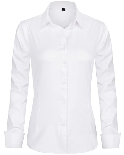 J.VER Bluse Damen Casual Business Blusen Button Down Shirts klassische Langarm Kragen Tops Bügelleichtes Modern Oberteil,Weiß,M
