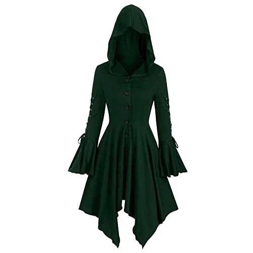 Mittelalter Kleid Damen mit Kapuze, Gothic Kleid Damen Vintage,Halloween Kostüm Damen Umhang Knopfleiste Cape Jacke Kleider Renaissance Viktorianisches Palast Kapuzenkleid für Karneval Cosplay