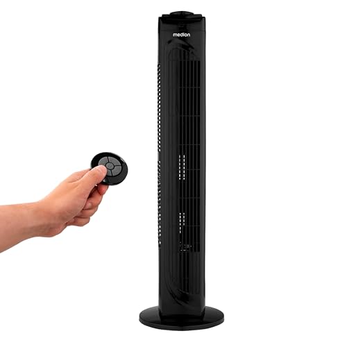 MEDION E11 TF Turmventilator mit Fernbedienung (3 Geschwindigkeitsstufen, leiser Schlafmodus, 45 Watt Leistung, 60° horizontale Oszillation, Timer, MD12067) schwarz