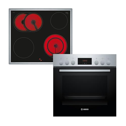 Bosch HND211RS63 Einbau-Herd-Set, Einbau-Herd 60 cm HEF113BS1 Serie 2 & Elektro-Kochfeld 60 cm NKN645GA2E Serie 4 & 2-fach Teleskopauszug, 3D Heißluft, Bedienfeld am Herd, Glaskeramik, Edelstahl