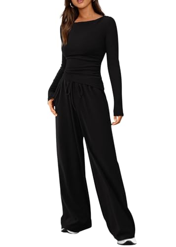 shownicer Damen Zweiteiler Freizeitanzug 2 Teiler Set Langarm Top Und Hose Loungewear Set Slim Fit Zweiteiler Outfit Casual Jogginganzug A Schwarz XS