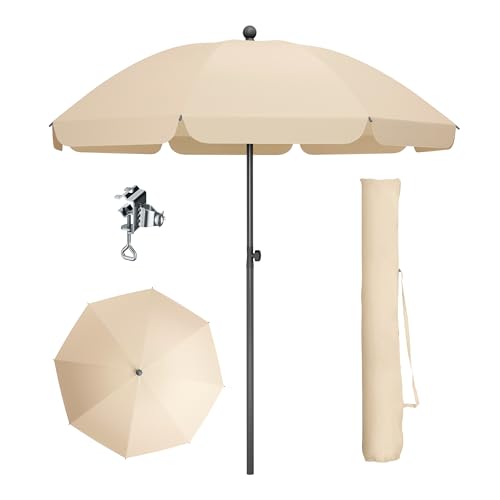 PHI VILLA Ø175x210cm Sonnenschirm Höhenverstellbar mit Hülle & Klemme, Strandschirm Kippbar Windfest Stabil zum Mitnehmen, UV50+ Schutz für BalKon Strand BalKongeländer Tisch, Beige
