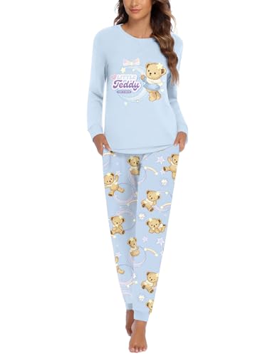 Ekouaer Schlafanzug Damen Lang Winter Pyjama Set Zweiteiliger Sleepwear Langarm Teddy Bears Lang Schlafhose O-Ausschnitt Hausanzug Hellgrün L