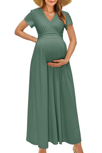 OUGES Damen Maxi Umstandskleider Lang Sommer Stillkleid V-Ausschnitt Kleider für Schwangere Lässiges Umstandsmode-M