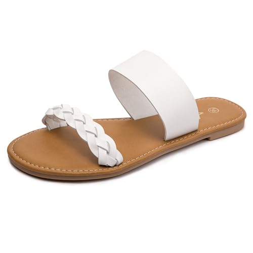 HEVA Geflochtene Slide-Sandalen für Frauen Offene Zehe Zwei Band Slip On Flache Sandalen Lässige Sommer sandalen(6.5UK 40EU,Weiß)