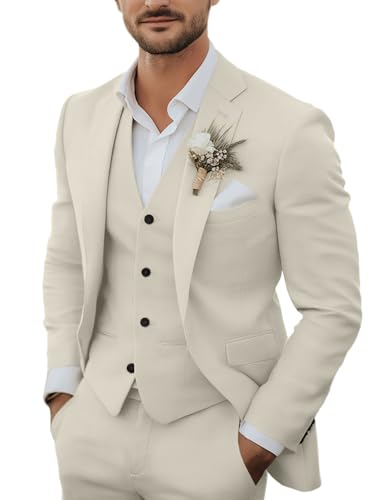 3-teiliges Herren-Anzug-Set aus Leinen, lässig, leicht, Blazer, Jacken, Westen, Hosen, Set für Hochzeit, Business, Abschlussball, Anzug, Beige, L