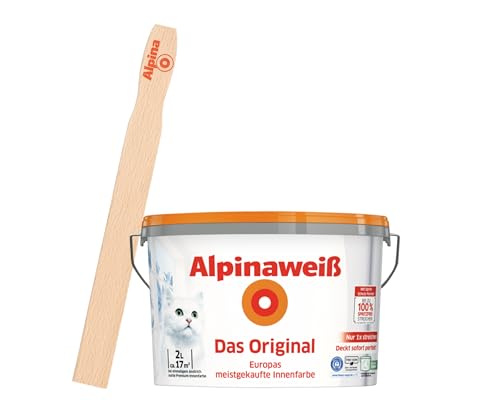 Alpinaweiß Das Original – optimal deckende und ergiebige weiße Wandfarbe – mit Spritz-Schutz-Formel – mit Rührholz (2 Liter)