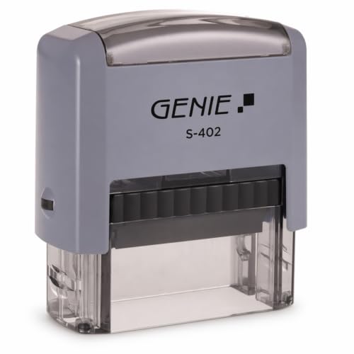 Genie S-402 Stempel Selbstfärbend Set – Individueller Textstempel bis 4 Zeilen – Adressstempel, Firmenstempel, Namensstempel – inkl. Stempelkissen & Zubehör – Schwarz/Grau