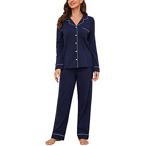 U2SKIIN Schlafanzug Damen lang 100% Baumwolle, Pyjama Damen weiche Pyjamas Set leichte Nachtwäsche Schlafanzüge für Frauen Zweiteiler Pyjama Set (Dunkelblau, M)