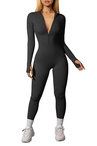 OQQ Damen Sport Jumpsuits Langarm Lässig Freizeit Reißverschluss Nahtlos Yoga Overalls für Frauen Schwarz