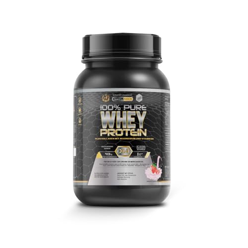 Healthy Fusion Whey Protein | 100% reines Whey Protein mit Kollagen, Magnesium & Vitamin B6 | 43 g Protein + 9,4 g BCAA pro Portion | Für Muskelaufbau, schnellere Regeneration | Erdbeere | 1 kg