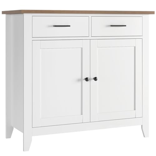 HOCSOK Küchenschrank mit Arbeitsplatte, Sideboard mit 2 Schubladen und 2 Türen, Buffetschrank für Küche, Wohnzimmer, Esszimmer, Flur, Holz, Landhausstil