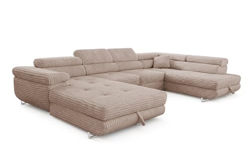SOFILAND Cordo U XXL Wohnlandschaft mit Schlaffunktion und 2 Bettkästen - Breitcord Tilia - U-Form Sofa (Bronze, Rechte Seite)