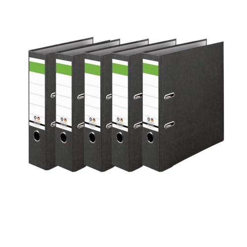IC-Office 5er Pack Ordner A4 8cm breit schwarz Aktenordner Ringordner Briefordner Büroordner Schlitzordner Blauer Engel grüner Balken für Schule Studium Büro HomeOffice bis 3000 Blatt