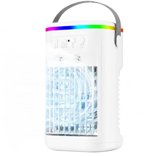 Mini Klimaanlage, 4 in 1 Luftkühler ohne Abluftschlauch, 1000ML Mobiles Klimagerät mit Wasserkühlung, 3 Geschwindigkeiten & 2 Nebelmodi, 7 Farben LED, Leiser Luftkühler für Zimmer Büro Schlafzimmer