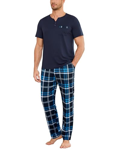 Bresdk Schlafanzug Herren Lang Pyjama Winter Baumwolle Kariert Pyjamahose Hausanzug Kuschelig Schlafanzüge Blau L