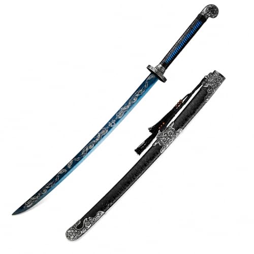 GDTDX Samurai Katana - Handgeschmiedet aus Federstahl, 102cm mit 32cm Langgriff & Massivholz-Saya - Für Sammler (Klinge ungeschliffen)