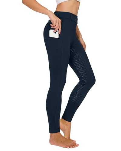 Havideto Winter Reitleggings Damen Vollbesatz Thermo Reithose Damen Fleece Gefüttert Wasserdicht mit Handytasche Gürtelschlaufen Marine Blau L