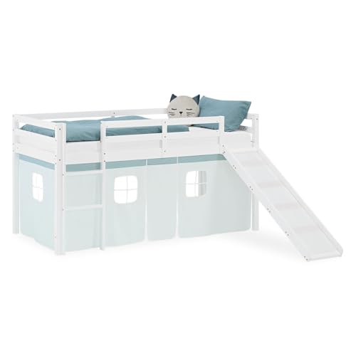 Homestyle4u Hochbett 90x200 mit Rutsche Weiß Kiefer Massivholz Kinderbett