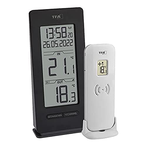 TFA Dostmann Funk Thermometer Innen/Außen, 30.3072.01.90, inkl Funkuhr und Datum, Max.-Min. Funktion, kabellos, Amazon Exklusiv, schwarz