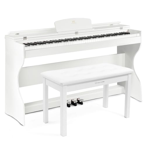 MUSTAR E-Piano 88 Tasten mit Klavierhocker, Digital Piano, Elektrisches Klavier mit Klavierständer, 3 Pedaladapter, 2 Kopfhöreranschluss, LCD-Bildschirm, USB/MIDI, Piano für Anfänger, Weiß