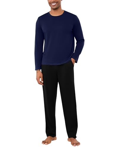 Bresdk Schlafanzug Herren Lang Pyjama Baumwolle Runder Ausschnitt Winter Nachtwäsche mit Pyjama Hose Lang Marineblau L