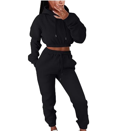 EMATOP Damen Tracksuit Kuschelig Sportanzug Zweiteiler Sport Outfit Elegant Langarm Sweatshirt und Lange Hose Jogginganzug Casual Einfarbig Hoodie Kapuzenpullover und Sweathose Freizeitanzug